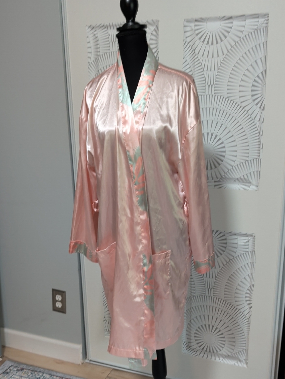 Silky Pink Satin Kimono Robe with Mint Trim